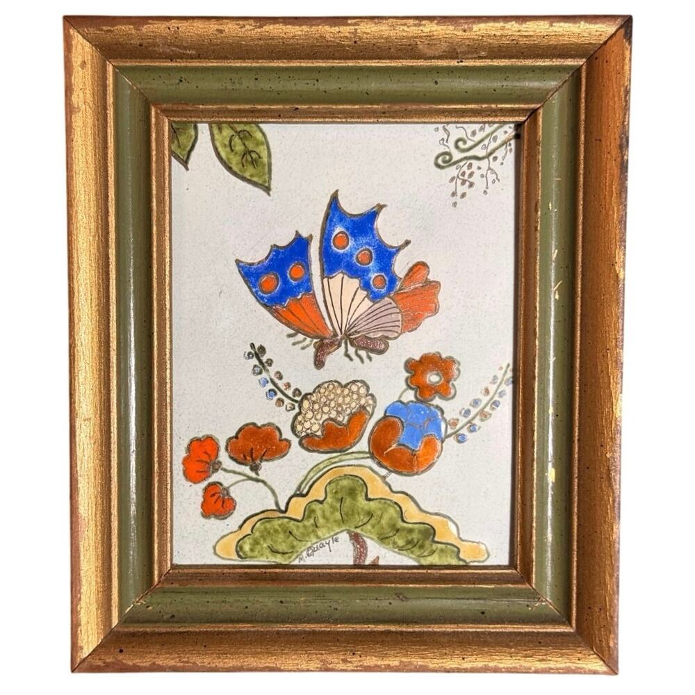Vintage M. Quayle Enamel on Copper Butterfly & Flowers Framed Signed Art MCM